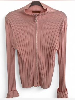 BELLDINI Y2K STYLE PINK RIBBED KNIT LONG SLEEVE RHINESTONE ZIPPER SWEATER SMALL
